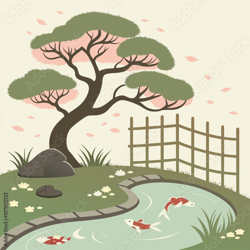 Vector art of serene japanese garden with koi pond, cherry blossom tree, and bamboo fence, creating a peaceful and tranquil asian landscape illustration