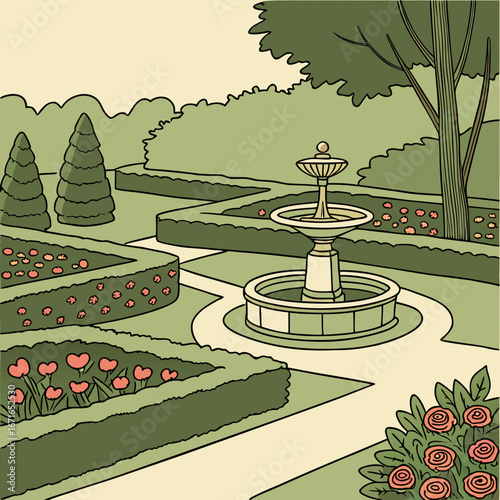 Vector art of serene garden landscape featuring a classic fountain surrounded by meticulously manicured hedges, flowers, and winding pathways creating a peaceful retreat
