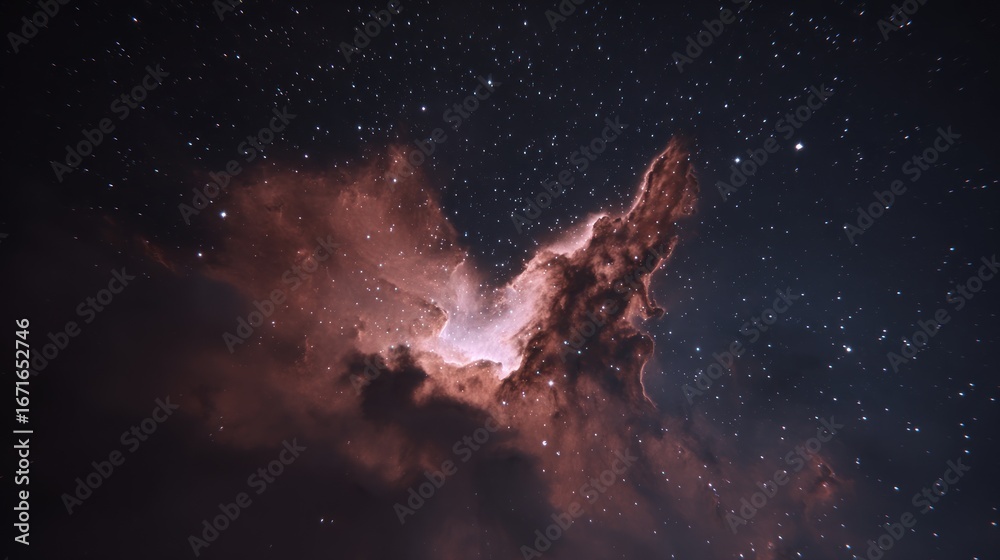 Fototapeta premium Glowing cosmic nebula, pink and white gas against starry dark space. Astrophotography of distant universe