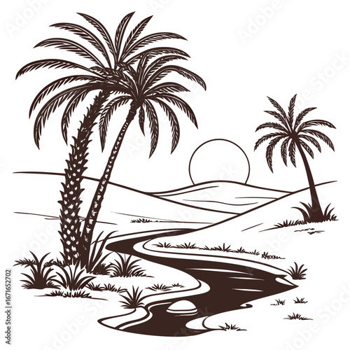 Vector art of warm desert landscape with palm trees, river, and sun, , a tranquil tropical oasis illustration