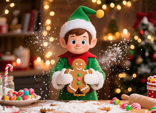 Adorable Christmas elf baking gingerbread cookies in a festive kitchen, sparkling flour floating in the air, colorful candy decorations, and warm twinkling fairy lights
