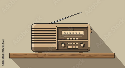 Displaying Analog Radio on a Wooden Shelf with Long Shadow on Plain Background
