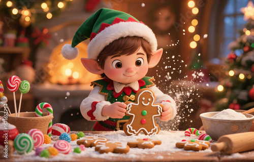 Adorable Christmas elf baking gingerbread cookies in a festive kitchen, sparkling flour floating in the air, colorful candy decorations, and warm twinkling fairy lights