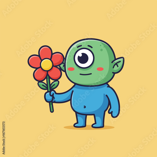 Alien Holds Out a Flower on Solid Yellow Background, Sweet and Friendly