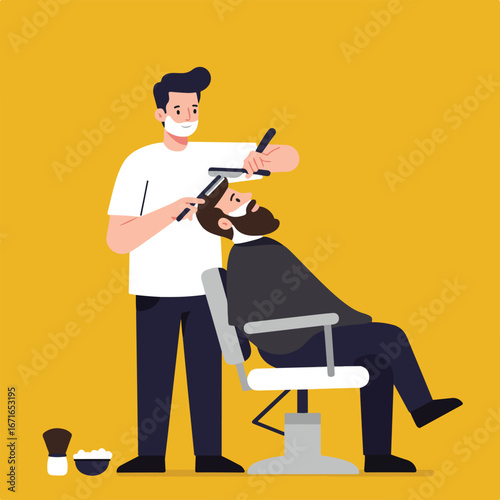 Haircut Session - Man Getting a Haircut in Barber Shop with Yellow Background