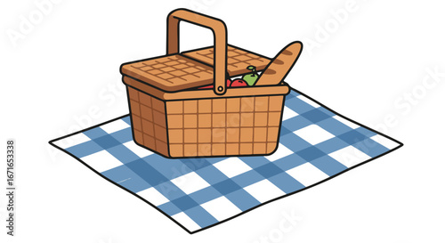 Picnic Basket on Blanket with Food at Meadow