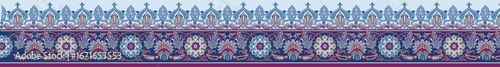 An elegant seamless border with intricate ethnic ornamentation. Inspired by Persian and Indian textile art, this design features rich blue and purple tones. Ideal for luxury fabrics, wallpaper, web ba