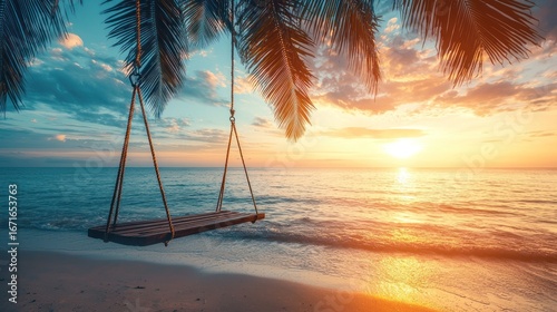 Tranquil sunset beach scene with wooden swing under palm trees.