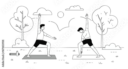 Two people practicing yoga outdoors in a park on yoga mats, with trees and a stylized sun in the background