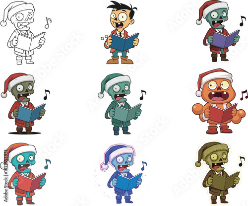 Funny zombie Christmas carolers, cute holiday singing, Santa hat characters, cartoon undead choir, spooky festive music, holiday celebration, animated zombies