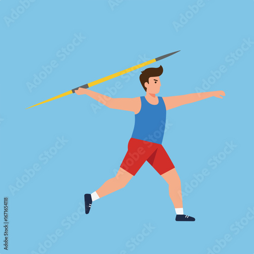 Man throws javelin - outdoor sport activity on light blue background