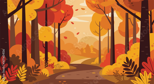 Pathway Winding Through Autumn Forest Colorful Leaves and Trees in Nature Scene