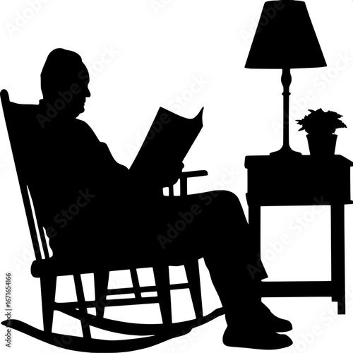 An elderly man’s silhouette is seated in a rocking chair, reading a newspaper. A side table with a lamp and a small potted plant rests nearby. The perspective is slightly elevated, suggesting a cozy d