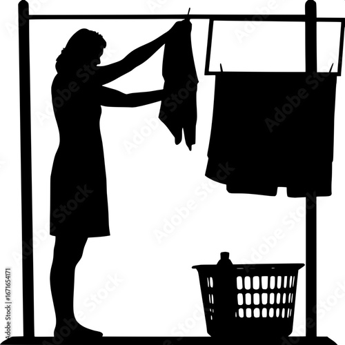 A woman’s silhouette is shown hanging laundry on an indoor drying rack. She is in profile view, extending an arm to place a clothespin. A laundry basket rests at her feet, and a small window with pott