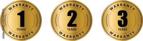 Gold Warranty Badge Vector Set, Premium Guarantee Labels, 1 to 3 Year Product Protection Icons, Luxury Seal Sticker Design for Ecommerce