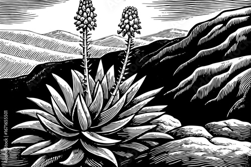 Aloe cactus blooming near rocky hills, rare combination of flowering plants and desert stones, inspiring survival scene, black and white sketch