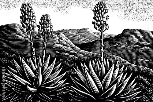 Aloe cactus blooming near rocky hills, rare combination of flowering plants and desert stones, inspiring survival scene, black and white sketch