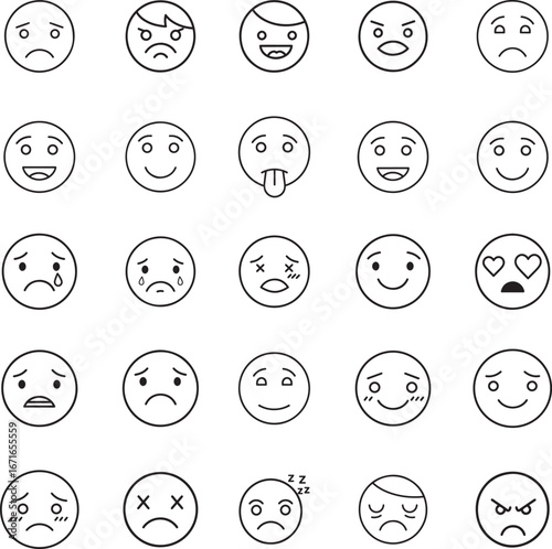 Emoji Icon Set Line Art Style Face Expression Vector Pack
