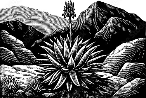 Aloe cactus blooming near rocky hills, rare combination of flowering plants and desert stones, inspiring survival scene, black and white sketch