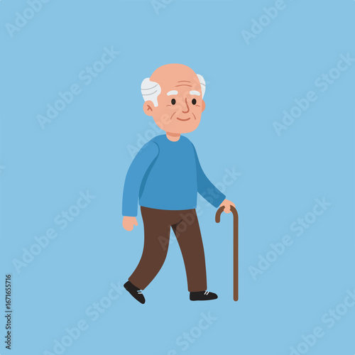 Old man walking with a cane in simple background, vector illustration