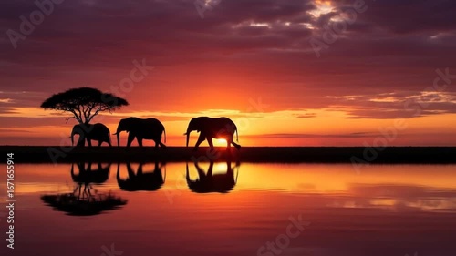 Majestic elephants walking across river at sunset with vibrant sky and serene reflection