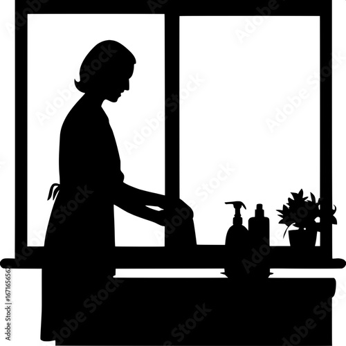 A woman’s silhouette is washing dishes at a sink. She stands in profile, leaning slightly forward, wearing an apron. A small potted plant sits on the windowsill above the sink, while bottles of soap a