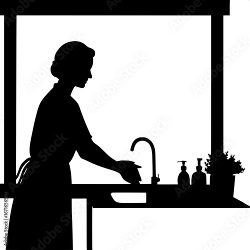 A woman’s silhouette is washing dishes at a sink. She stands in profile, leaning slightly forward, wearing an apron. A small potted plant sits on the windowsill above the sink, while bottles of soap a