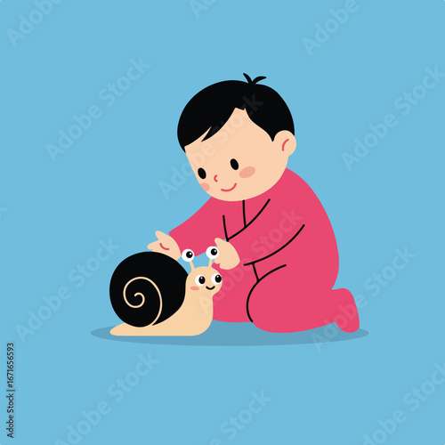 Baby Touching Snail, On Floor