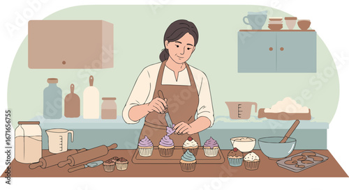 , keywords, and category for the image

 Woman Decorating Cupcakes with Frosting in Kitchen