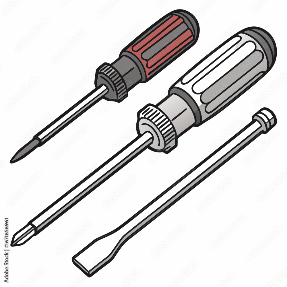 Fototapeta premium Collection of three different screwdrivers and a chisel tool isolated on a white background