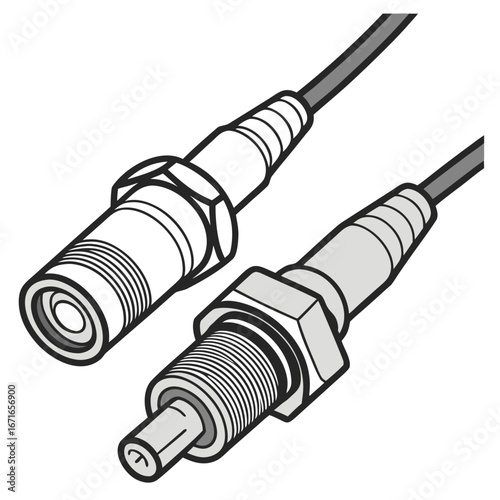 Close up illustration of two electrical connectors one male and one female with cables attached
