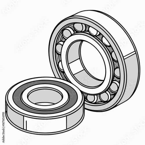 Close up isometric view of two ball bearings with a white background and simple line art style