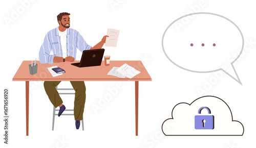 Man sitting at desk holding paper, working on a laptop with papers, coffee, and tools. Blank speech bubble suggests communication, cloud with lock represents privacy. Ideal for teamwork, data