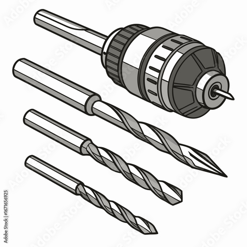 Close up isometric view of a drill chuck and three assorted drill bits on a white background