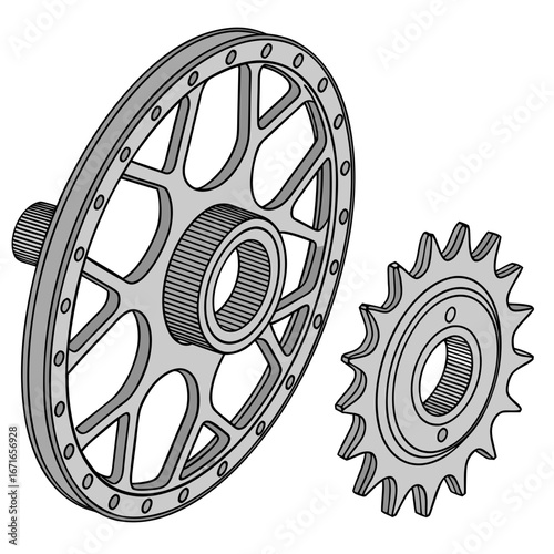 Close up isometric view of a silver bicycle sprocket and a larger toothed wheel with a hub