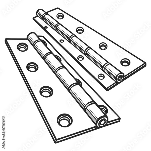 Close up of two metal door hinges with visible pins and screw holes on a white background