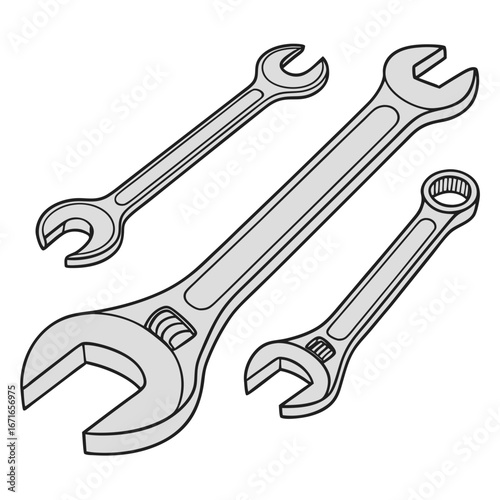 Collection of three metal wrenches including an adjustable wrench and two open ended wrenches on a white background