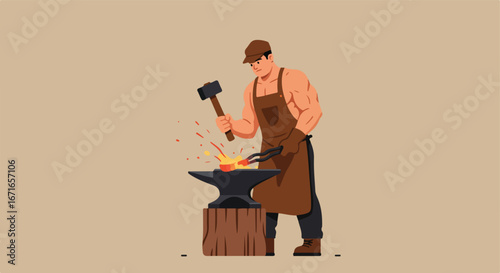 Blacksmith strikes Heated Metal on Anvil in Workshop