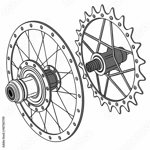 Detailed illustration of bicycle wheel hub and sprocket components on a white background
