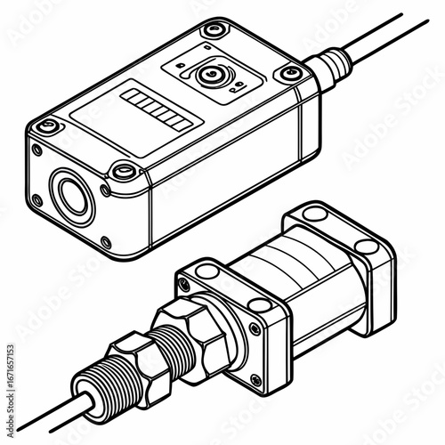 Detailed isometric line drawing of industrial sensor components with cables and connectors