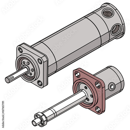 Detailed isometric illustration of two hydraulic motors with shafts and mounting flanges on a white background