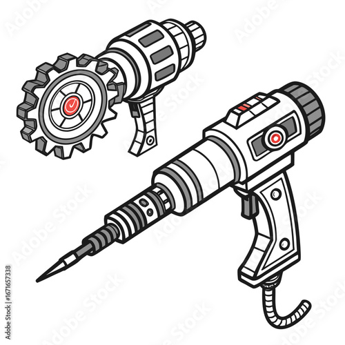 Futuristic handheld devices with gears and glowing buttons for sci fi or steampunk concepts