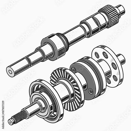 Exploded isometric view of a mechanical shaft assembly with gears bearings and a flange