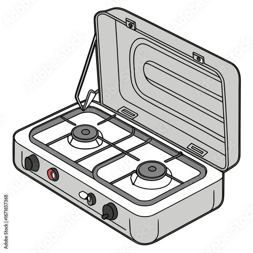 Illustration of an open portable two burner gas camping stove with a gray lid and white body