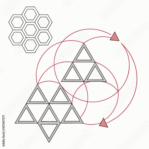 Geometric patterns featuring interconnected triangles and hexagons with circular arcs and isolated triangles
