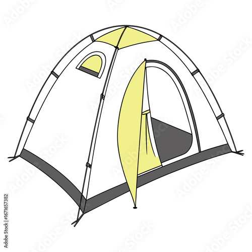 Illustration of a white and yellow dome tent with an open door and a small window