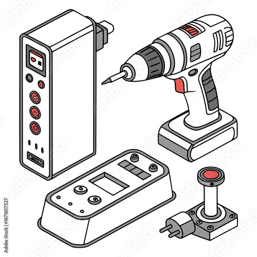 Isometric illustration of a cordless drill power bank control panel and joystick with a plug