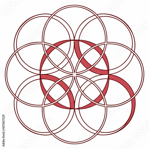 Intricate geometric pattern of overlapping circles forming a flower of life symbol in red and white