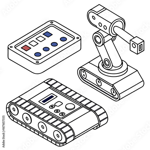 Isometric line art illustration of a robotic arm a tracked robot and a control panel with buttons