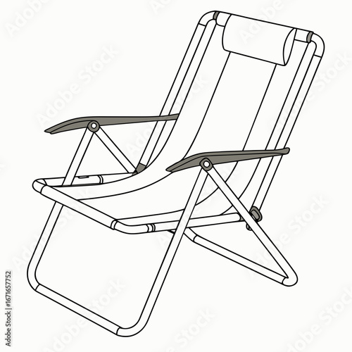 Simple line drawing of a foldable beach chair with headrest and armrests on a white background